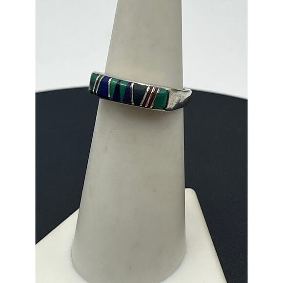 Vintage Zuni Style Sterling Multi-Stone Inlay Turquoise Lapis Malachite Ring 6 - Picture 3 of 10